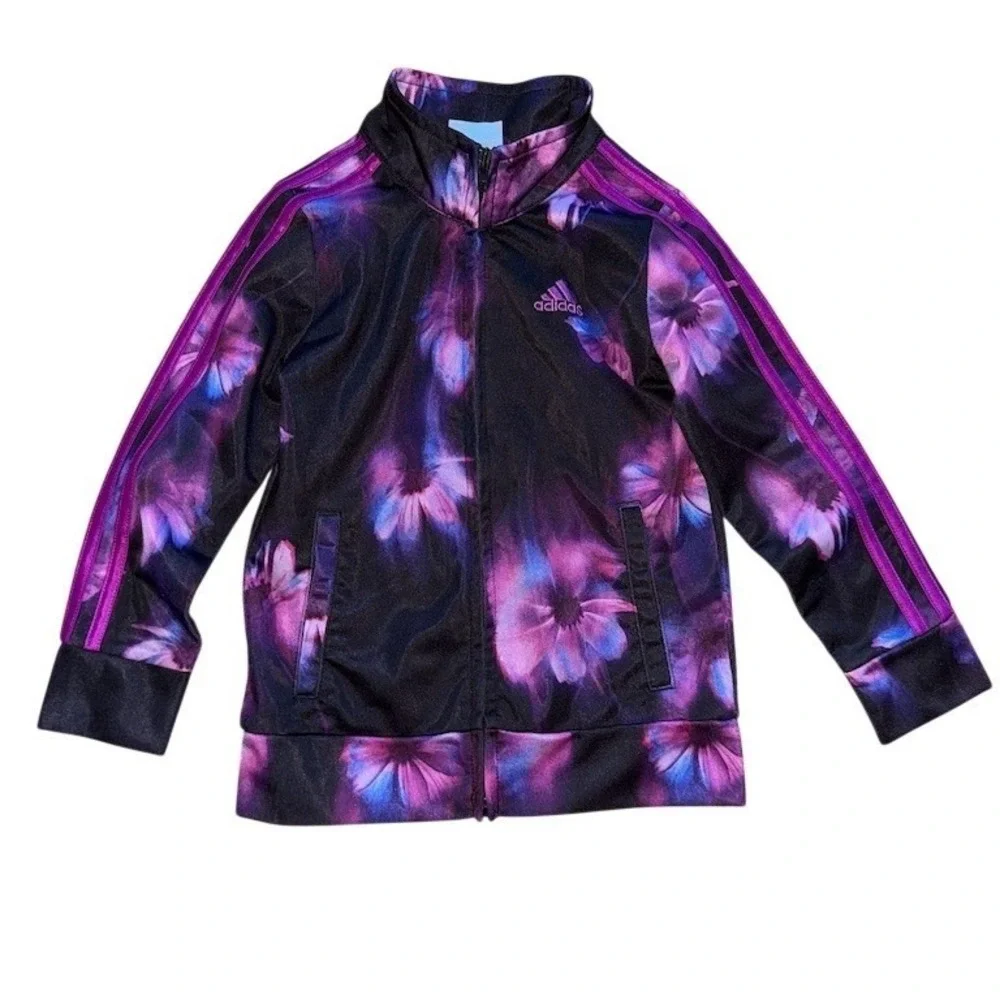 Adidas Girls Track Jacket Size 4 Purple Floral Full Zip 3-Stripe activewear cozy